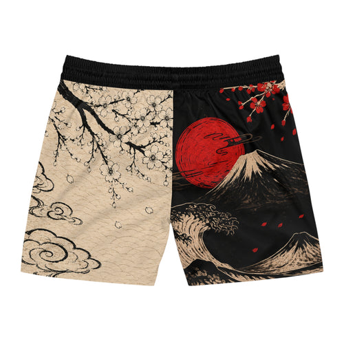 Japanese Wave & Mount Fuji Swim Shorts — Red Sun Cherry Blossom Volleyball/Swim Trunks