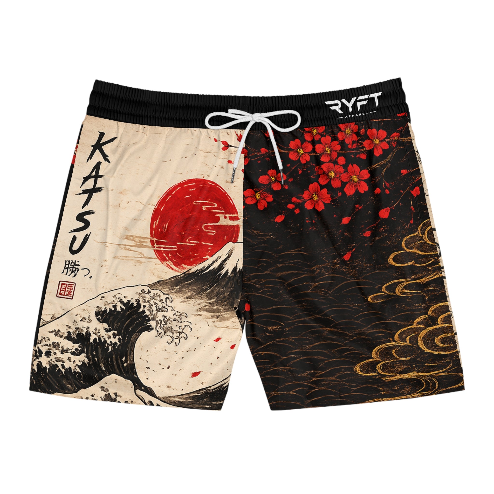 Japanese Wave & Mount Fuji Swim Shorts — Red Sun Cherry Blossom Volleyball/Swim Trunks