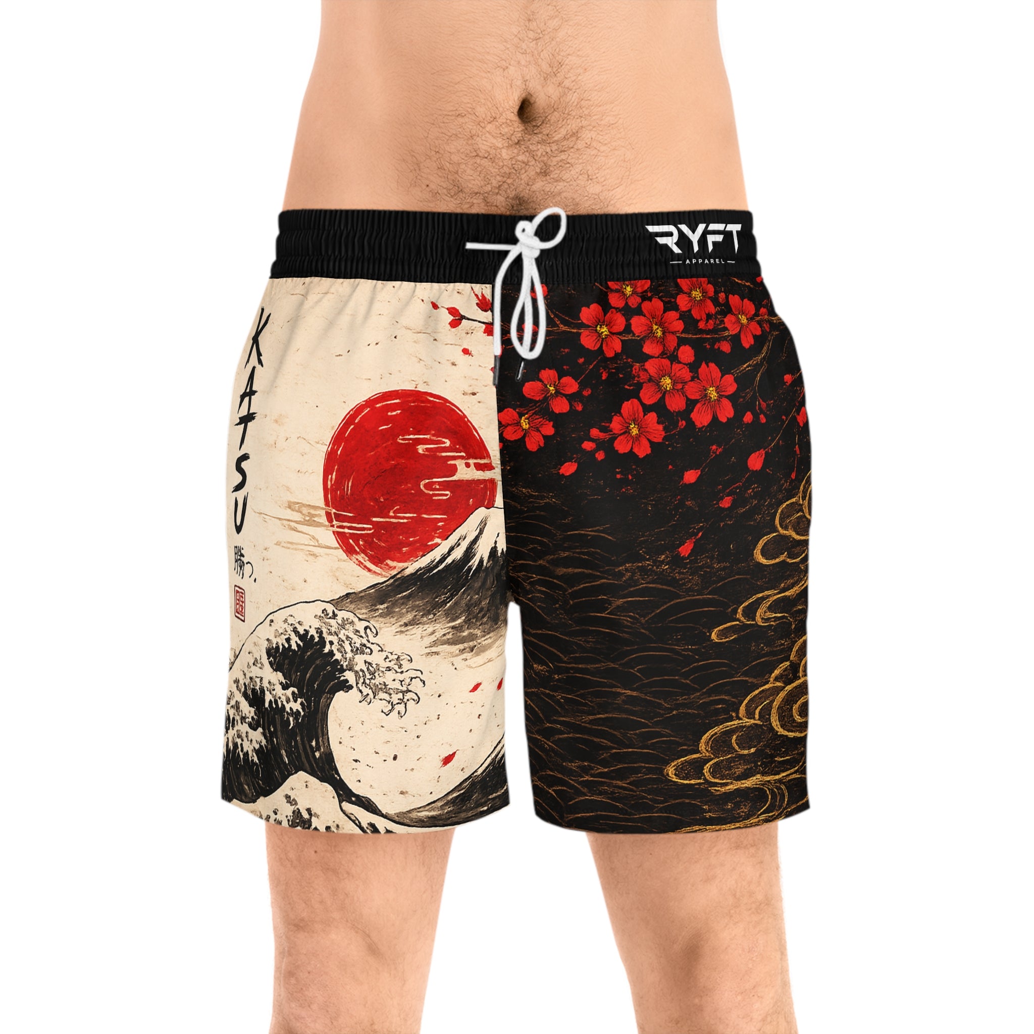 Japanese Wave & Mount Fuji Swim Shorts — Red Sun Cherry Blossom Volleyball/Swim Trunks
