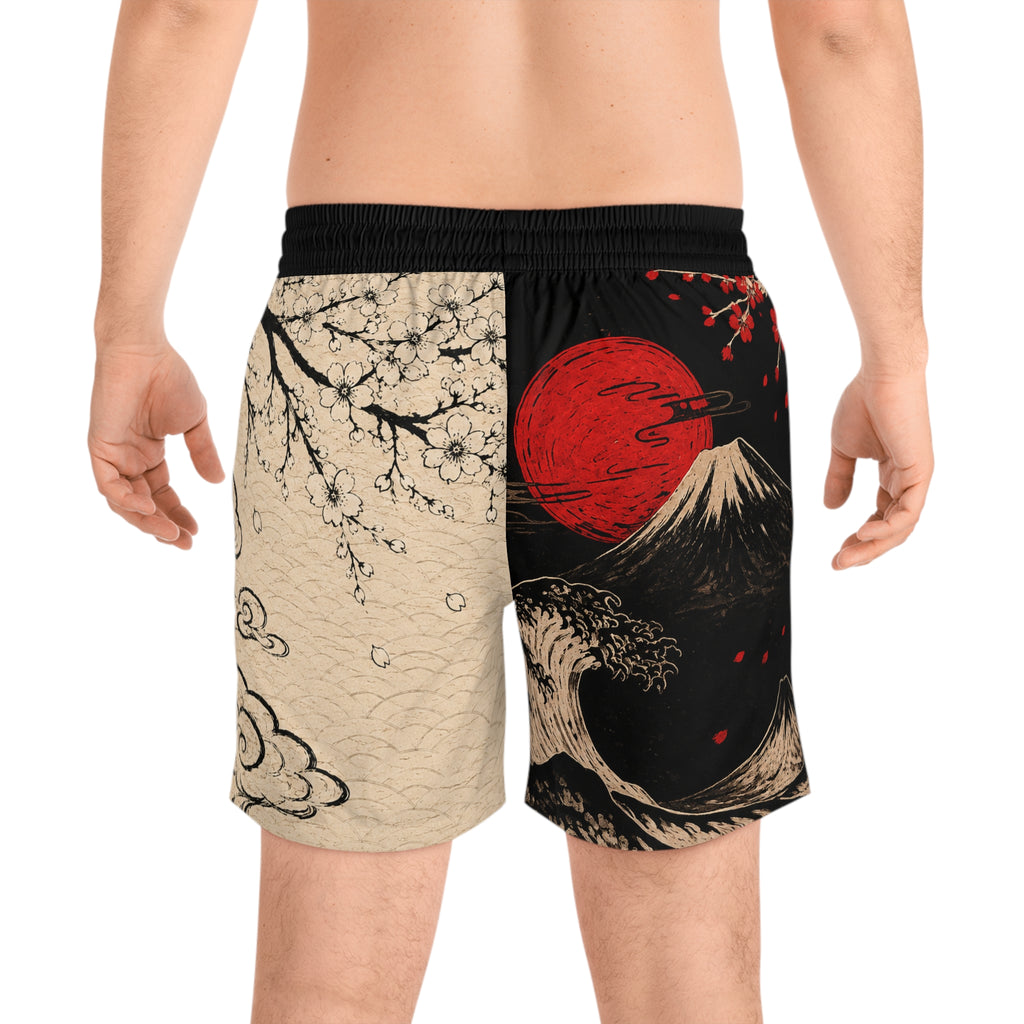 Japanese Wave & Mount Fuji Swim Shorts — Red Sun Cherry Blossom Volleyball/Swim Trunks