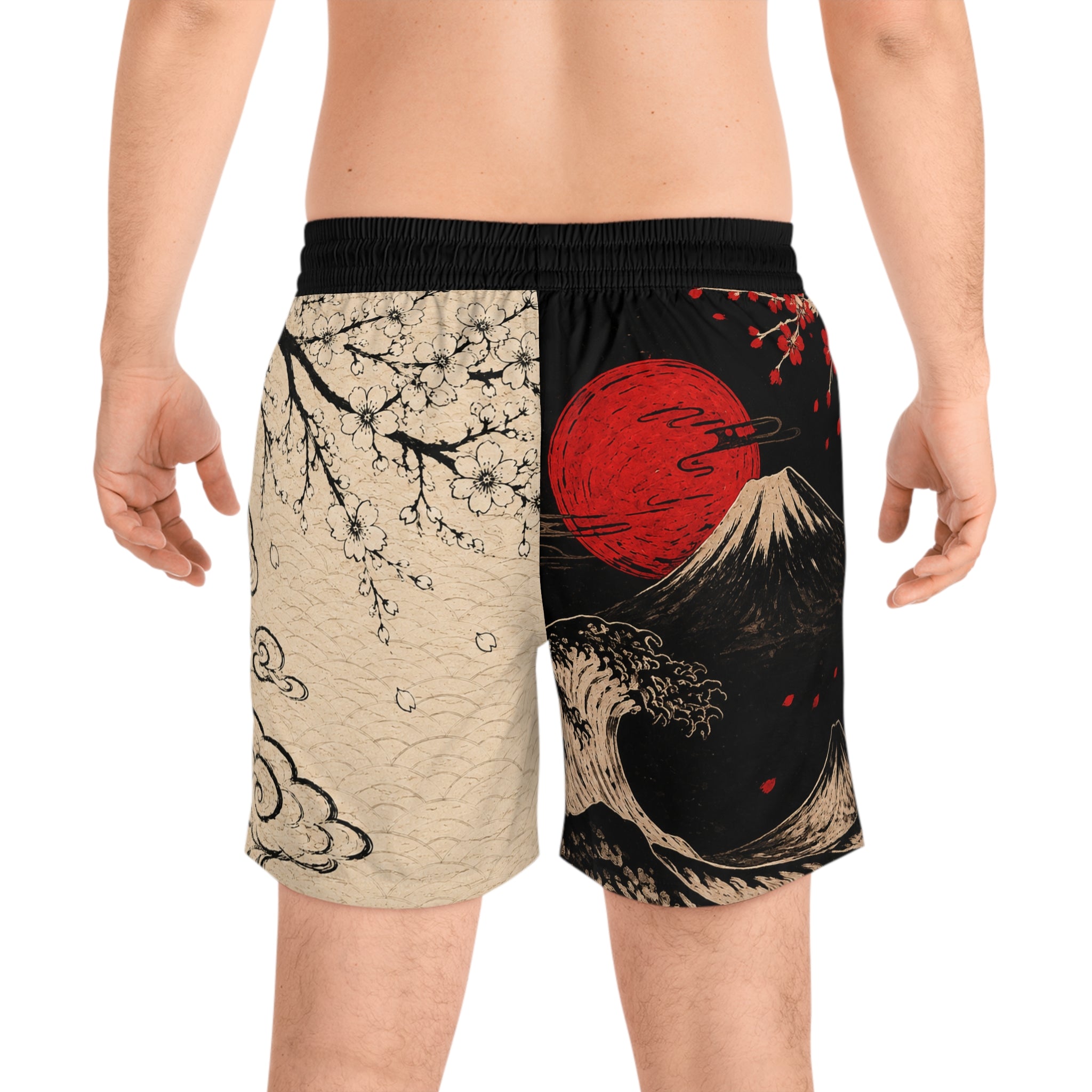Japanese Wave & Mount Fuji Swim Shorts — Red Sun Cherry Blossom Volleyball/Swim Trunks